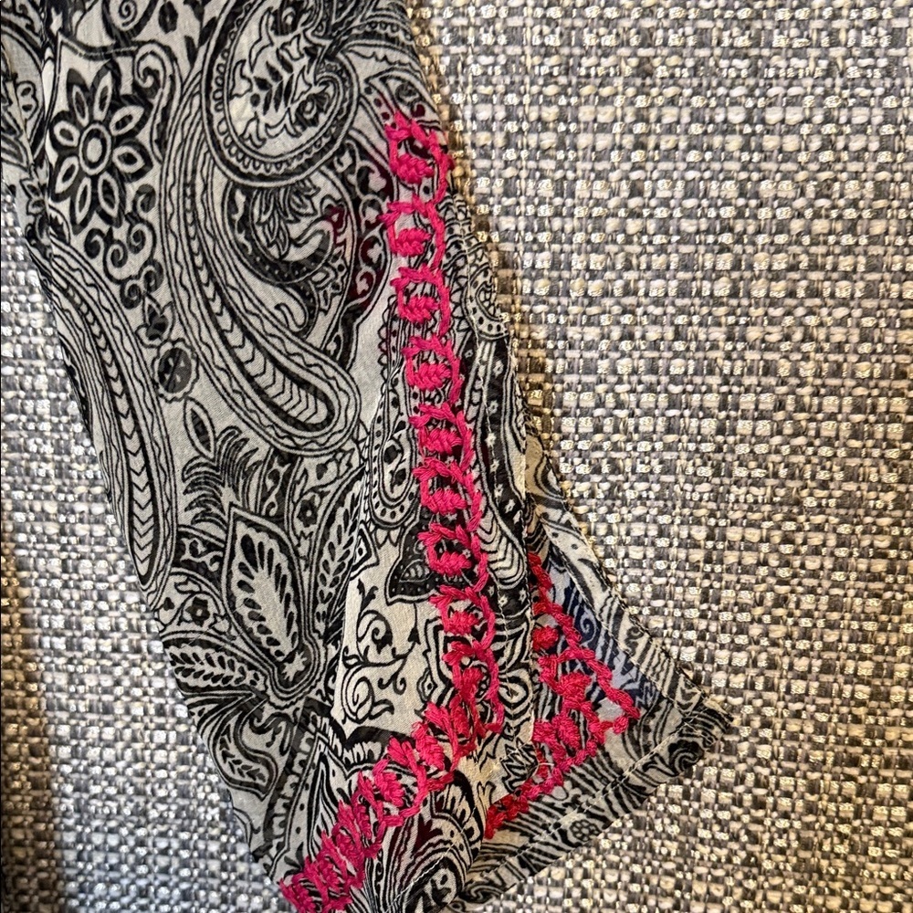 Maxi Length Semi Sheer Embroidered Black & Pink Paisley Tunic Swim Coverup - Picture 6 of 15
